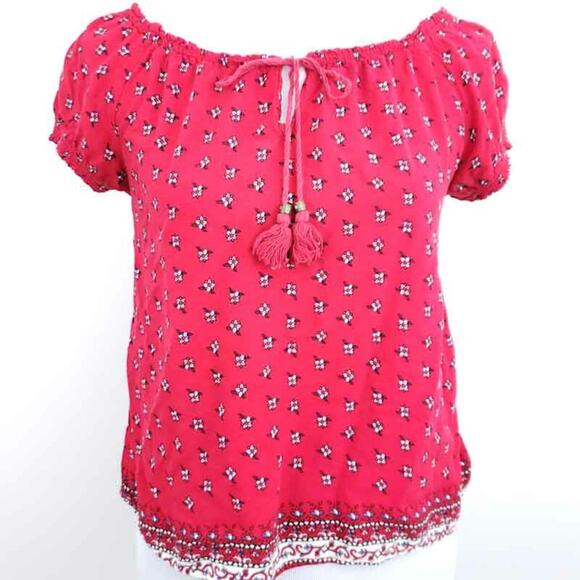 Forever 21 Peasant Blouse Front Tie Floral Red Blue Short Sleeve Summer Top Boho - Picture 10 of 10